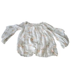 Giusy Silk Top White Floral Print  Off-Shoulder Bell Sleeve Italy Medium